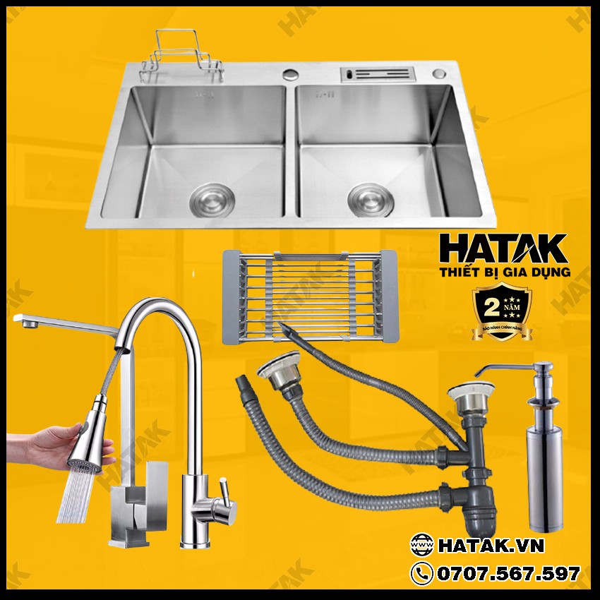 Chậu rửa chén inox 304 2 hộc đều dắt dao dắt thớt kích thước 82cm45, chậu rửa bát inox chậu chén HATAK HA-CBIN04