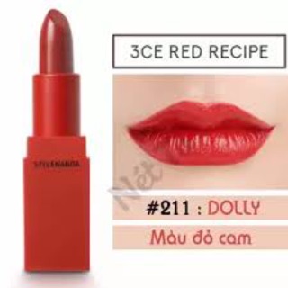 Son thỏi 3ce red recipe matte lip color 211 dolly ( đỏ cam)