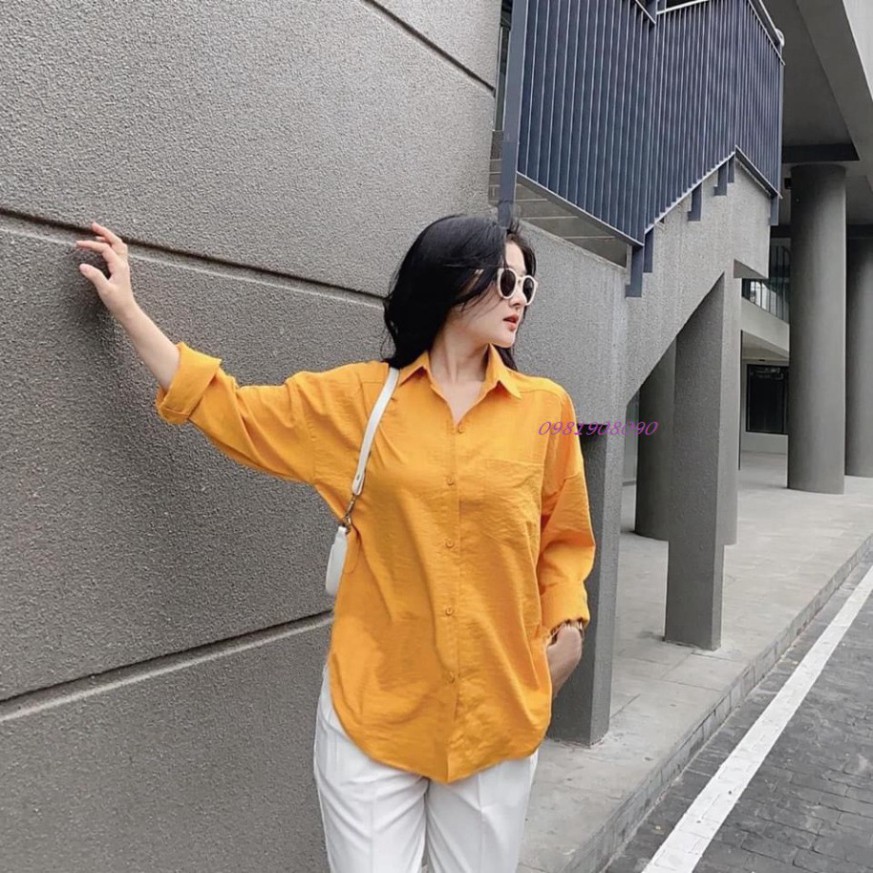 áo sơ mi nữ dài tay vạt tôm chất đũi nhiều màu đen, vàng, xanh ngọc, hồng, be Freesize đũi xước Hàn Quốc Mềm - Min - Mát