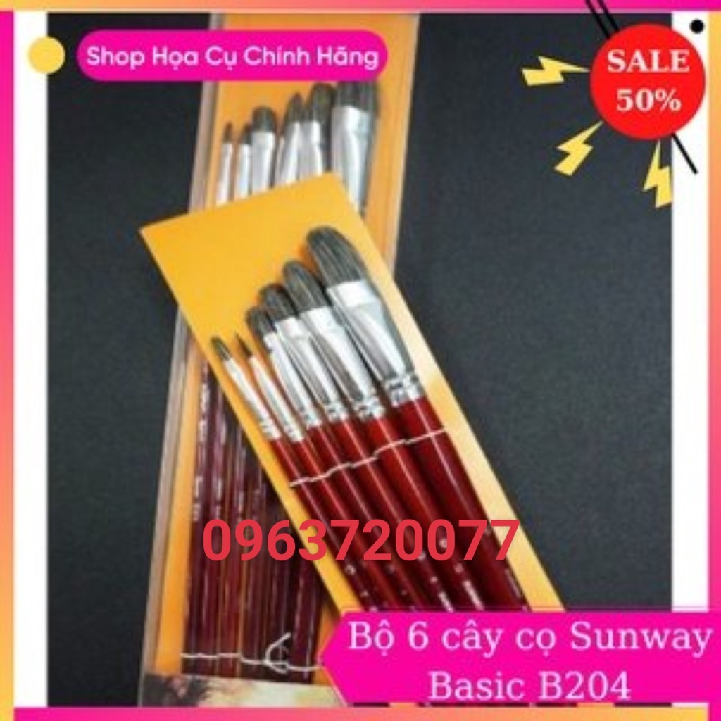 Cọ vẽ lông mền đầu oval cao cấp Bộ 6 cây Sunway Basic B204 thích hợp vẽ mầu acrylic, mầu nước