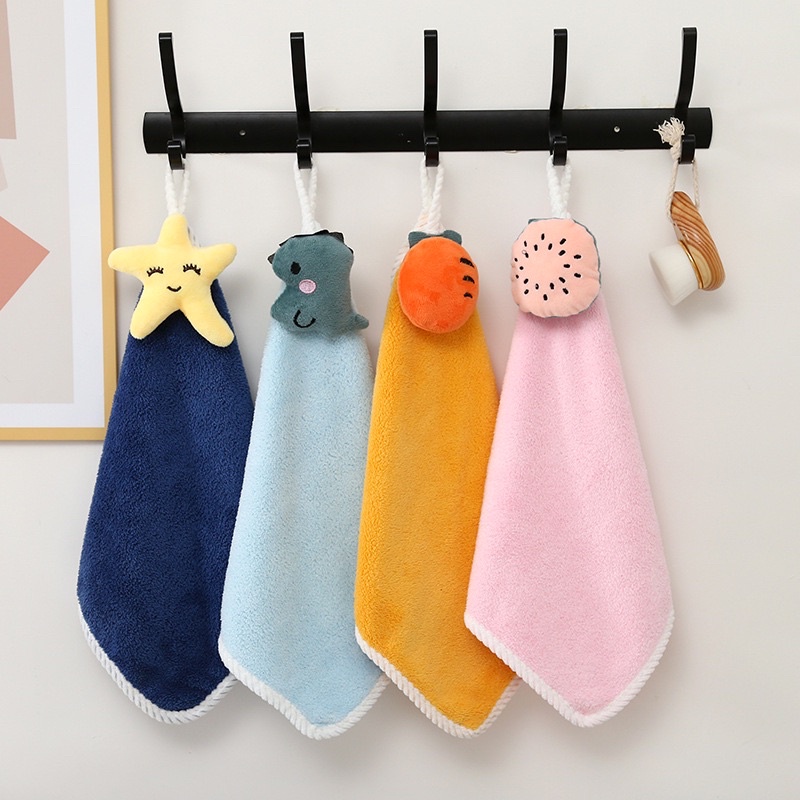 Khăn lau tay treo tường nhà bếp nhà tắm hình trái cây và hình thú dễ thương chất vải mềm mịn thấm hút tốt có quai treo