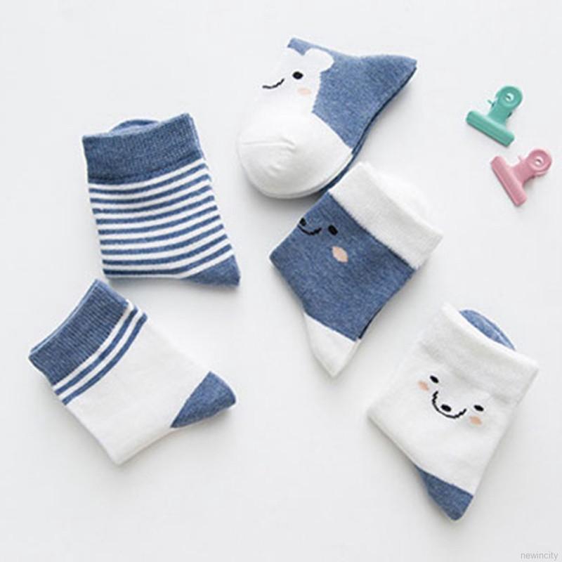 Bộ 5 đôi vớ cotton họa tiết sọc hoạt hình dễ thương giữ ấm cho bé trai và gái