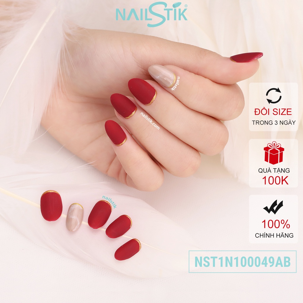 Móng úp thiết kế by NAILSTIK, màu đỏ, form móng bầu, ngắn/dài, 049