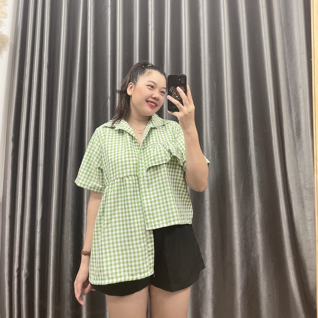 Áo Sơ Mi Nữ Tay Ngắn Lệch Tà Phom Rộng BIGSIZE Sọc Ca Rô,Áo Sơ Mi Kiểu Size Lớn Chất Vải Kate Lụa Mềm Mịn Đủ Màu MÃ AK6