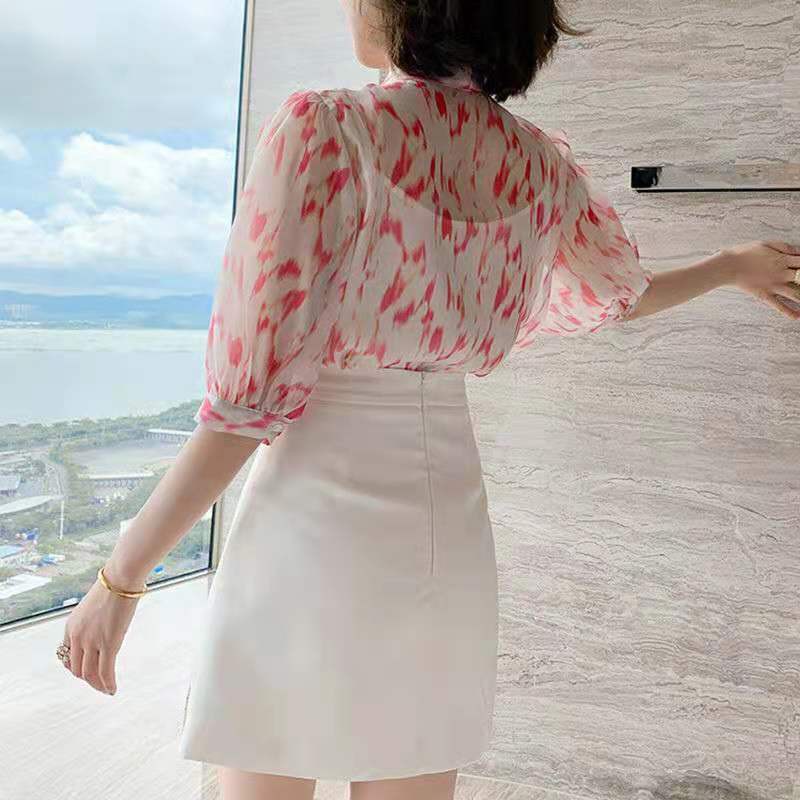 Set Áo Sơ Mi In Họa Tiết + Chân Váy Lưng Cao Xẻ Tà Đính Đá Có Size S-3Xl Thời Trang Mùa Hè Cho Nữ