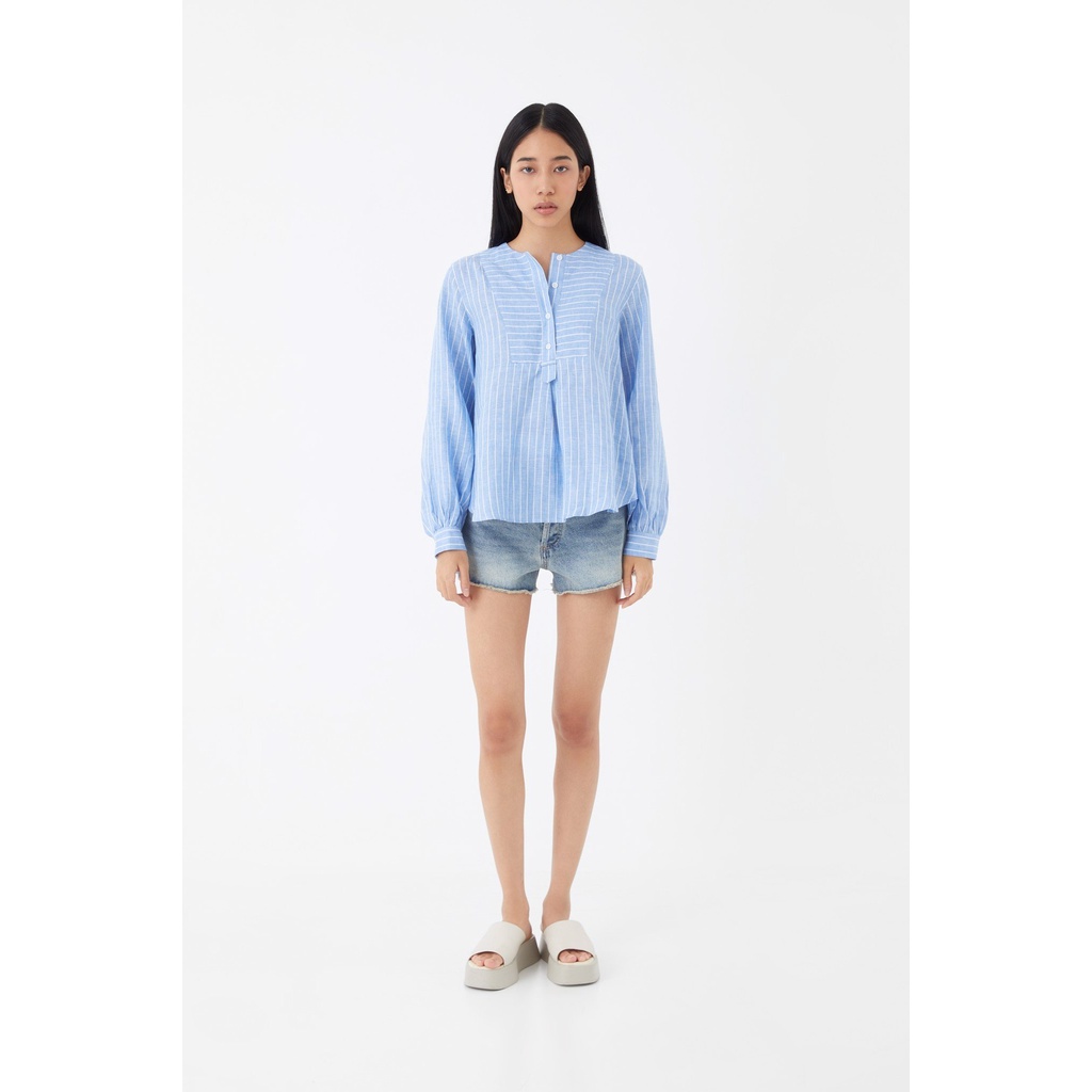 TheBlueTshirt - Áo Sơ Mi Nữ Vải Lanh Xanh Dương Sọc Trắng - Earth Linen Shirt - 100% Linen Blue Stripe