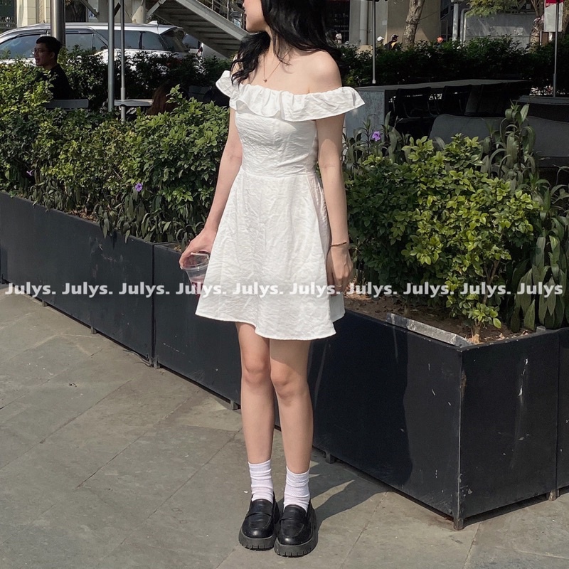 [ảnh thật kèm video] Đầm xoè trễ vai bèo ngực trắng Julys