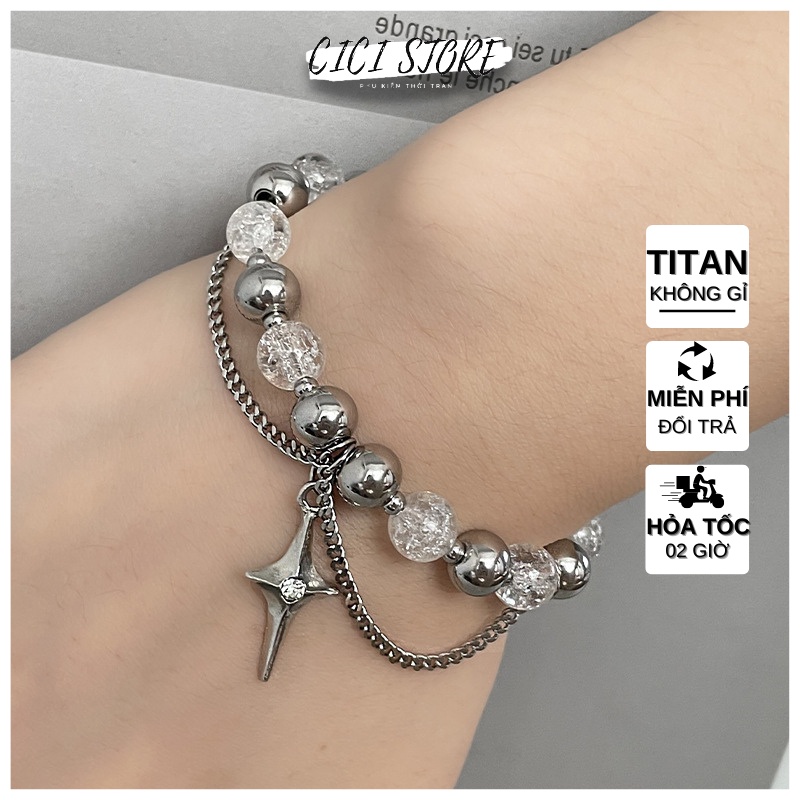Vòng Đeo Tay Nam Nữ Titan Phối Hạt Ngôi Sao Ánh Sáng Đính Đá