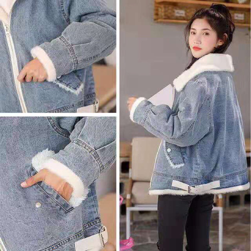 Áo khoác bò lót lông thu đông phong cách hàn quốc thời trang quảng châu cao cấp
