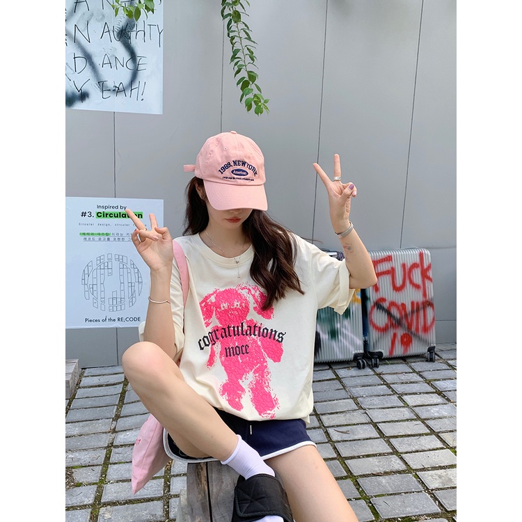 Áo Thun Nữ Ngắn Tay Cổ Tròn Form Dài Rộng Thời Trang Hàn