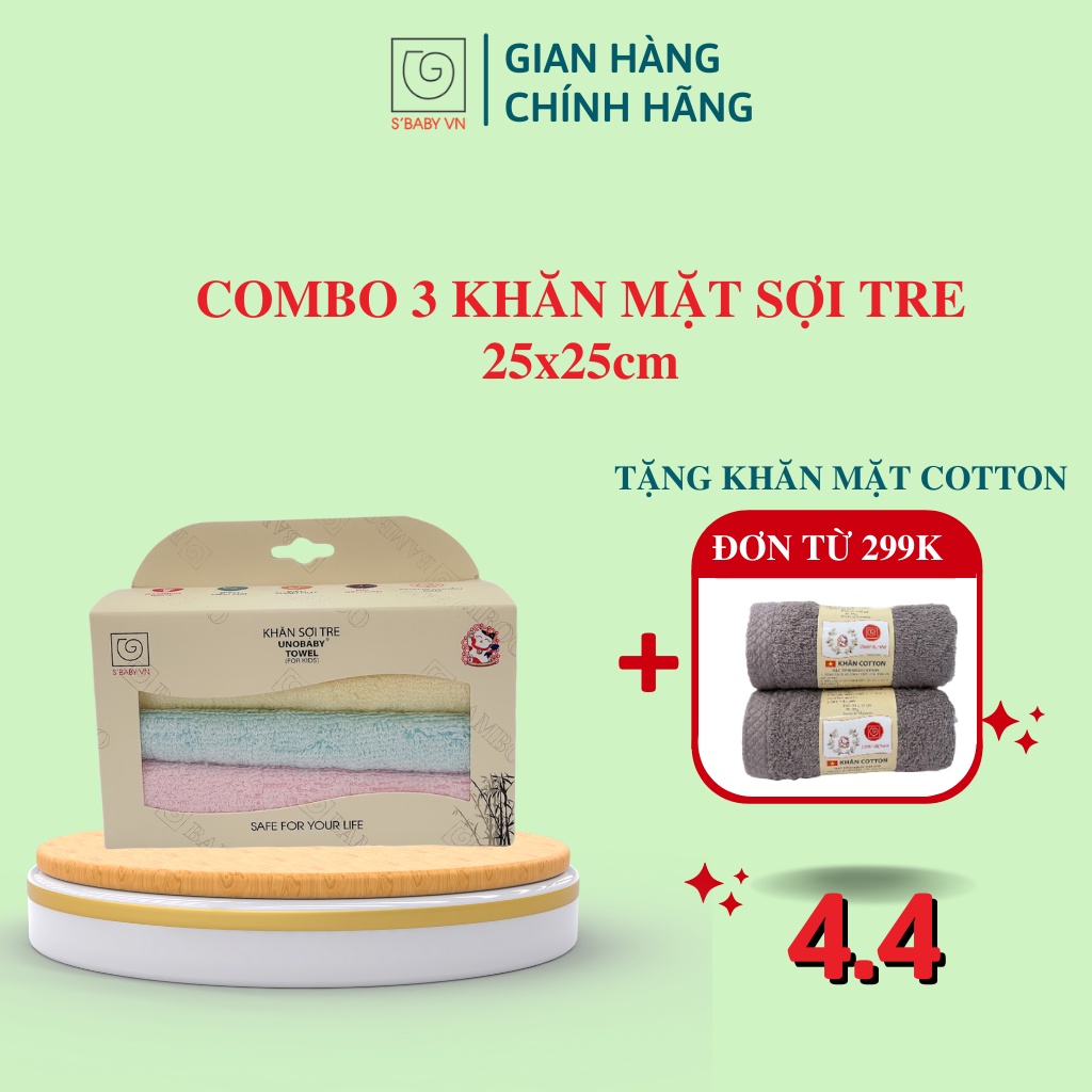 Combo 3 Khăn Mặt Trẻ Em Sợi Tre S'BABY 25x25cm Theo Tiêu Chuẩn Xuất Nhật, An Toàn Cho Da - 8936137960103 (Hộp)