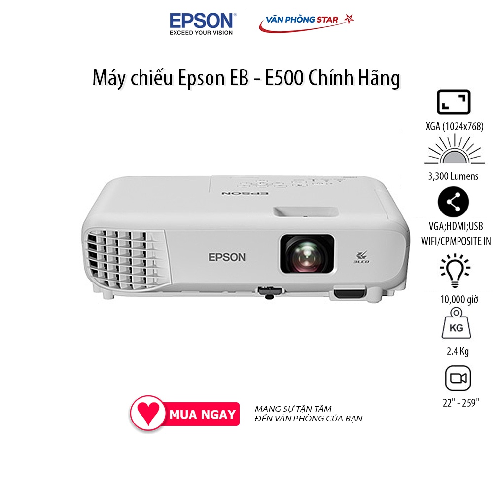 Máy chiếu Epson EB - E500 Độ phân giải XGA (1024x768), Bóng đèn: UHE 210W. Tuổi thọ bóng đèn: Lên tới 12000.