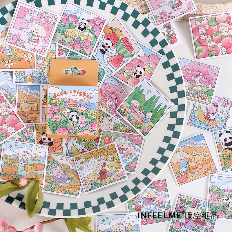 Set 45 Tấm Sticker Hình Gấu Thỏ Phong Cảnh Siêu Dễ thương