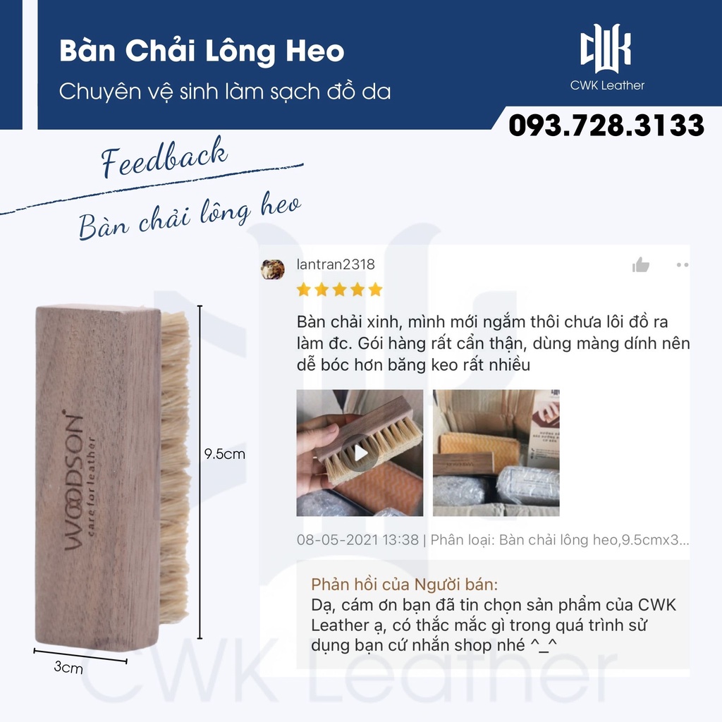 Bàn chải lông heo Woodson chuyên vệ sinh, làm sạch đồ da: túi xách, áo, ví, giày da