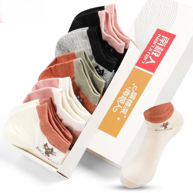 Tất Vớ Nữ Cổ Ngắn Dễ Thương Cotton Thêu Hình Mèo Cute Hàn Quốc Mỏng Thoáng Free Size PINKSTORE