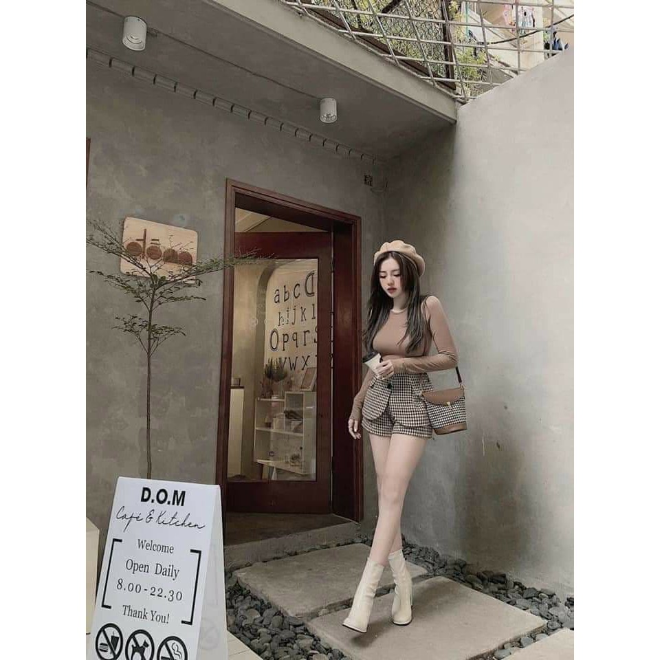 Set bộ áo gân ôm tay dài cổ tròn phối quần caro nhí nhảnh, SET ĐÙI CARO PHỐI