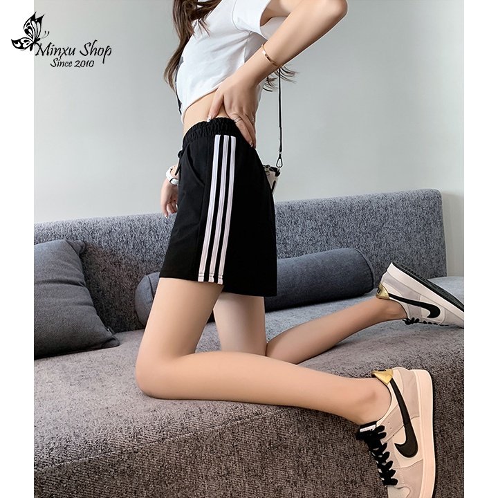 Quần đùi nữ 3 sọc chất Umi Hàn cao cấp, quần short Nữ mặc nhà kẻ sọc viền TÚI 2 BÊN trẻ trung Minxu Shop QS