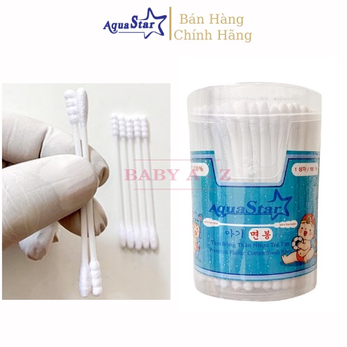 Tăm Bông Trẻ Em Aqua Star hộp 200c Thân Nhựa Tăm Bông Kháng Khuẩn 2 Đầu Tròn Xoắn Công Nghệ Korea