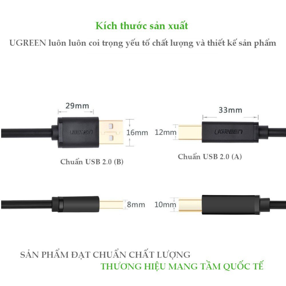 Dây máy in USB 2.0 chuẩn A đực sang chuẩn B đực độ dài từ 1-5m UGREEN US135