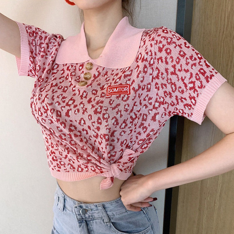Áo croptop dệt kim in họa tiết màu sắc retro xinh xắn dành cho nữ