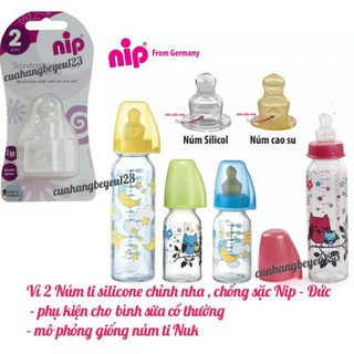 Vỉ 2 Núm ti silicone chỉnh nha , chống sặc Nip - Đức - phụ kiện cho bình sữa cổ thường - mô phỏng giống núm ti Nuk