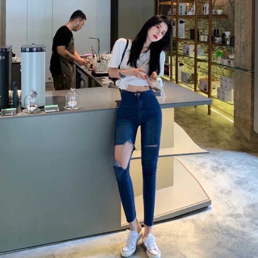 Quần jean nữ fom ôm lưng cao rách gối, quần bò nữ hàng Quảng Châu chất co dãn cao cấp mặc mềm mại