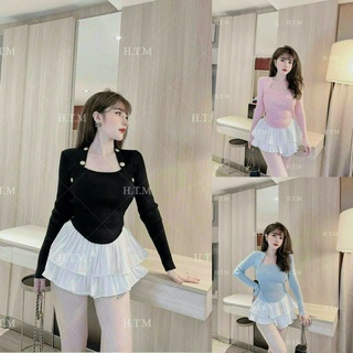 [Có Giao Hỏa Tốc] Áo Cổ Vuông Đuôi Tôm Viền Nút, Áo kiểu nữ ,áo đính nút xinh xắn