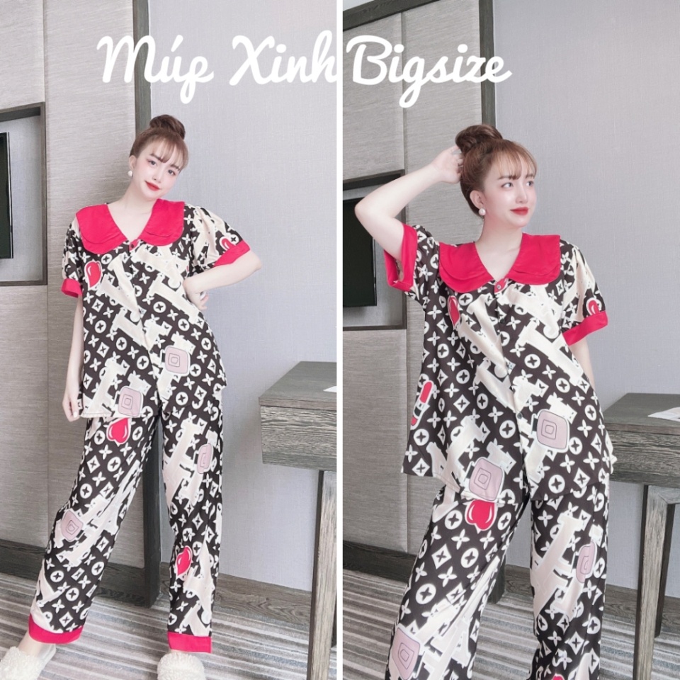 [Bigsize 50-100kg] Bộ Pyjama Dài Cổ Sen Hai Lá Lụa Nhật Mặc Nhà Cho Nàng Múp