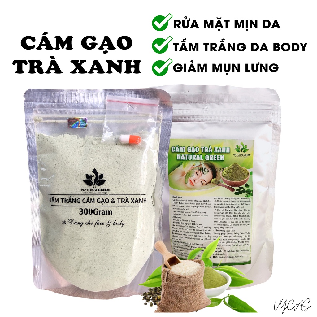 (Gói 300gr) Bột cám gạo trà xanh,ủ trắng trà xanh,rửa mặt và tắm trắng body
