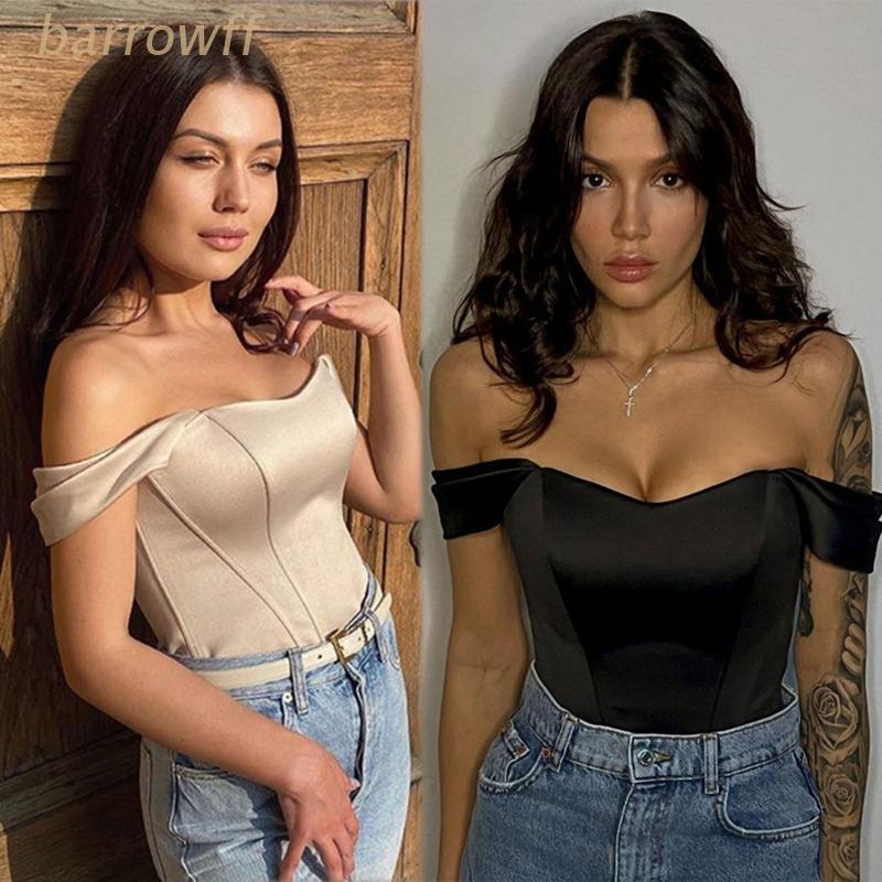 Áo Croptop Cúp Ngực Ngắn Tay Trễ Vai Màu Sắc Trơn Gợi Cảm Cho Nữ