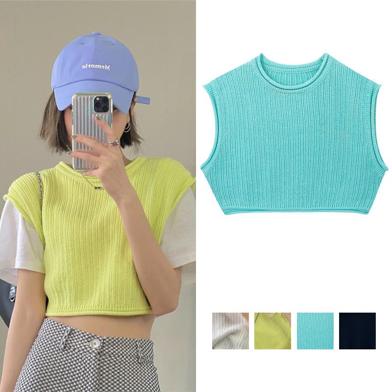 Áo Croptop Dệt Kim Không Tay Màu Sắc Đơn Giản Dành Cho Nữ