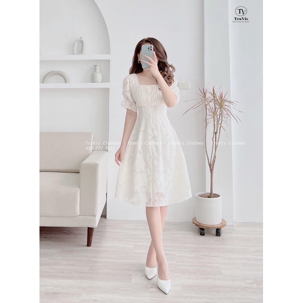 Đầm Midi Cổ Vuông Tay Bồng Nút Bọc Tiểu Thư Nữ Tính