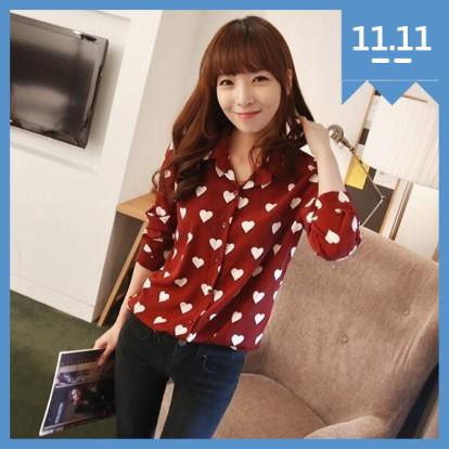 Áo Sơ Mi Đỏ , Sơ Mi Tay Dài Họa Tiết Trái Tim Chất Chiffon Lụa 2 Lớp Form Dáng Rộng Rãi Thoải Mái Siêu Xinh Cho Bạn Nữ.