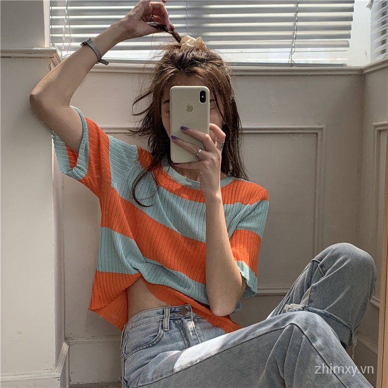 Áo dệt kim Do Dower tay ngắn dáng rộng họa tiết kẻ sọc màu tương phản thời trang mùa hè Hàn Quốc cho nữ