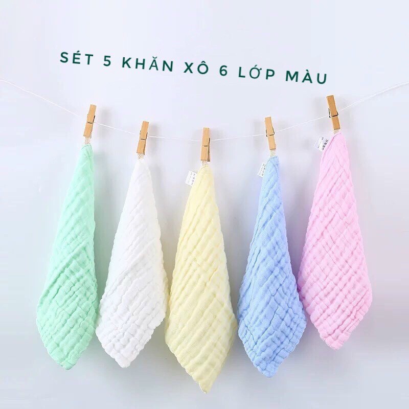 Set 5 Khăn Mặt Xô 6 Lớp Rửa Mặt Cho Bé ( Loại Màu)