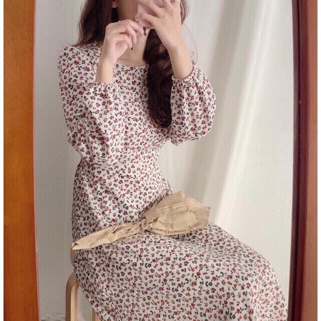 Váy hoa nhí dài cổ tròn vintage