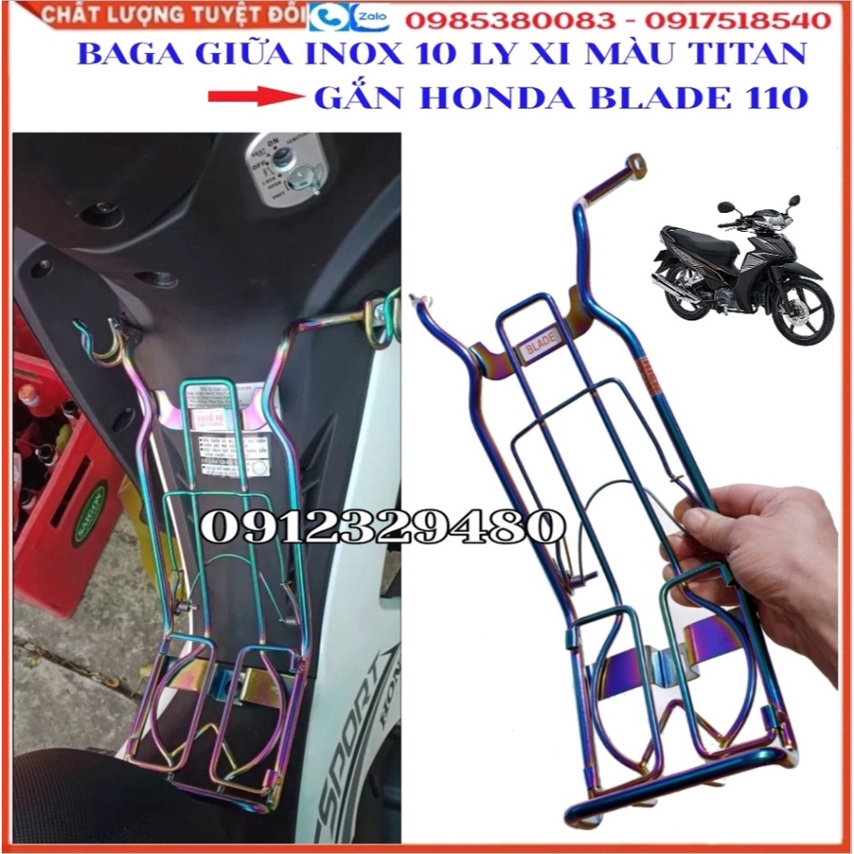 [Baga giữa Blade] Baga Giữa Inox 10 Ly Cao Cấp Xi Màu TiTan Gắn Honda Blade 110 Kết Hợp Cặp Móc Treo Đồ Inox Xi Màu Tita