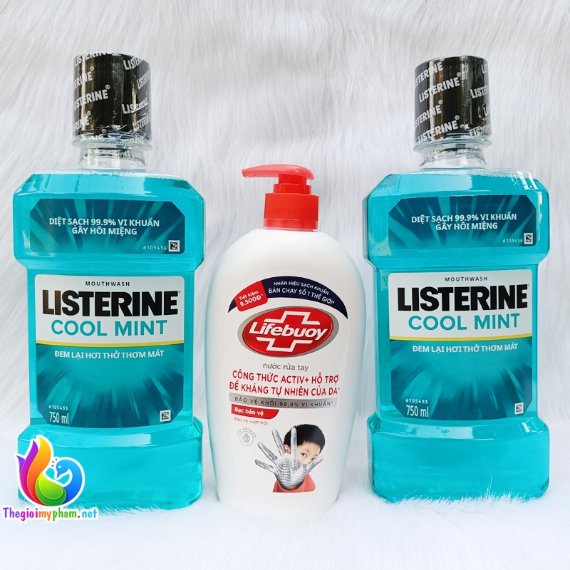 Combo 2 Chai Nước Súc Miệng Listerine Cool Mint 750ml/Nước Rửa Tay Sạch Khuẩn Lifebuoy 450g