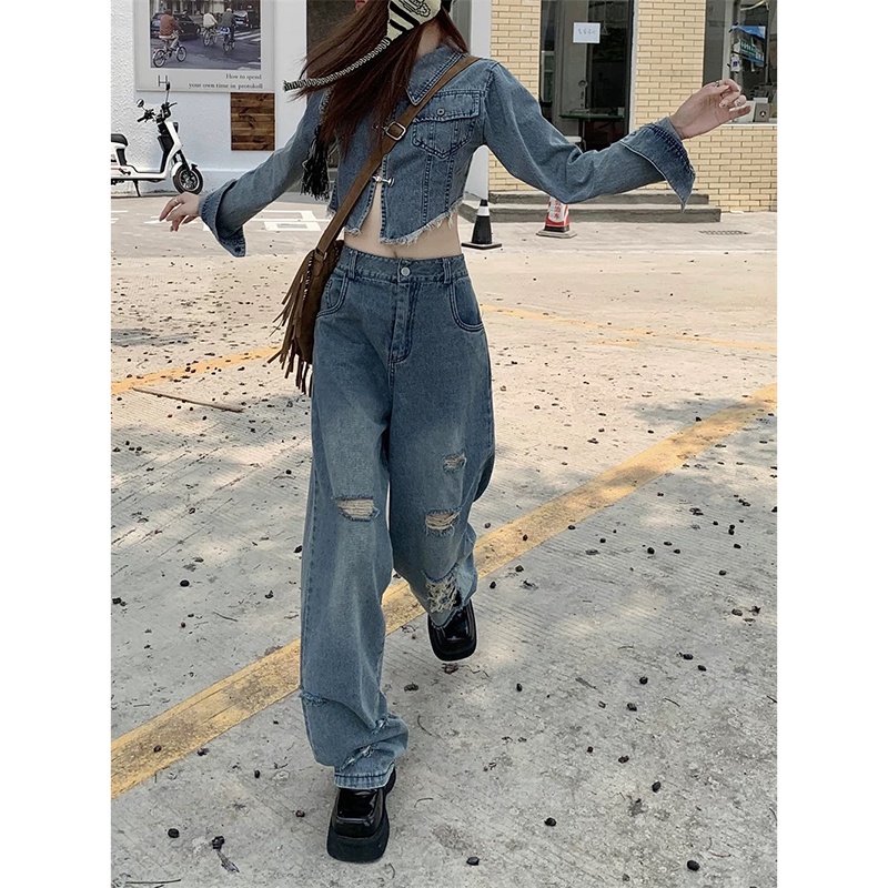 Set Áo Khoác Denim Tay Dài + Quần Jeans Rách Lưng Cao Ống Rộng Phong Cách Hong Kong