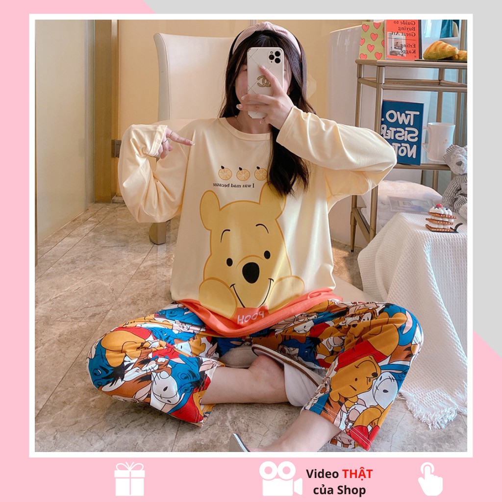 Bộ đồ ngủ, đồ ngủ nữ dài tay pijama freesize cotton gấu poo vàng hàng Quảng Châu siêu đẹp (ẢNH/VIDEO THẬT)