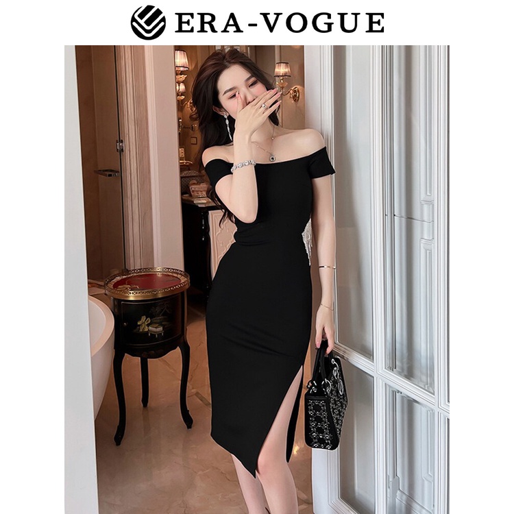 EraVogue🌷 Đầm Dự Tiệc Trễ Vai Màu Đen Phong Cách Hàn Quốc Quyến Rũ Cho Nữ 20208
