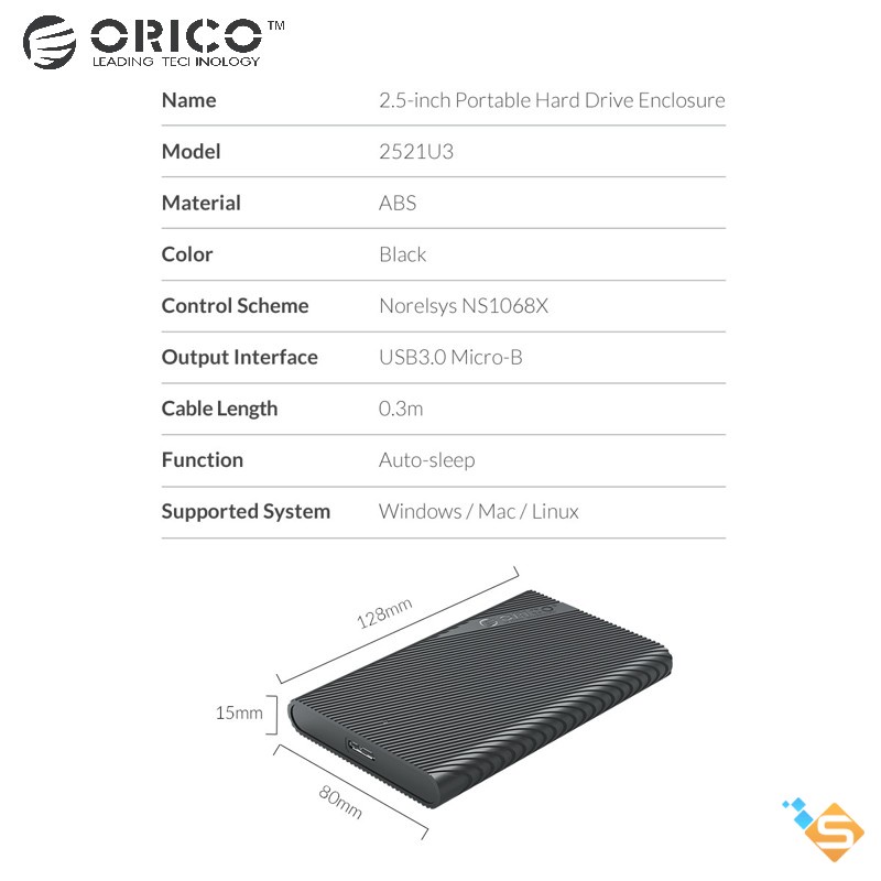 Hộp Đựng Ổ Cứng ORICO 2.5&quot; SATA 3 USB 3.0 Type C 5Gbps 2521U3 2521C3 - Bảo Hành Chính Hãng 1 Năm