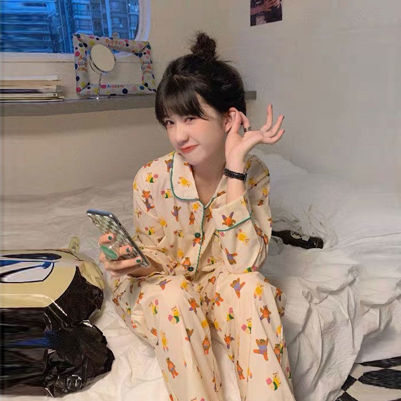 Bộ đồ ngủ tay dài in hình gấu dễ thương phong cách Hàn Quốc thời trang mùa thu cho nữ