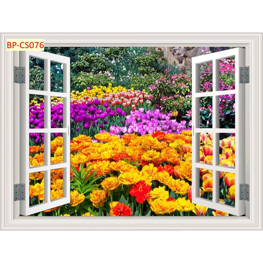 Tranh dán tường cửa sổ view vườn hoa, biển xanh cát trắng dành cho phòng ngủ, phòng khách sang trọng