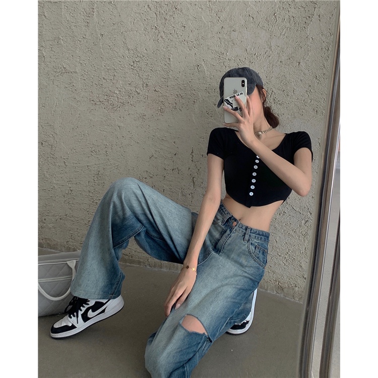 QKOOLE Quần jeans dài  lưng cao ống rộng thời trang Hàn Quốc dành cho nữ