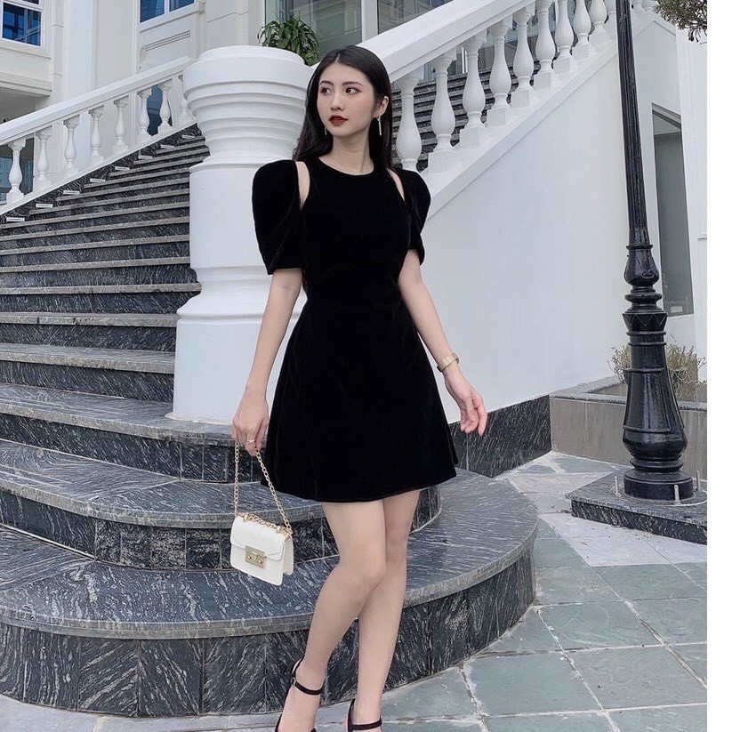 Đầm dự tiệc sang chảnh, đầm chất umi tay bồng khoét vai 2 màu, váy xòe hở vai