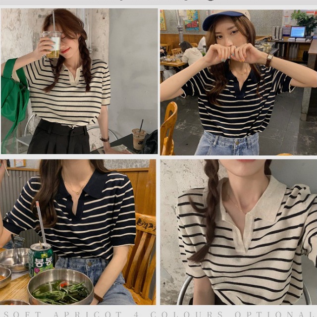 Áo len mongtoghi kẻ sọc ngang cổ bẻ ulzzang thời trang Hàn Quốc - Blue Clothes