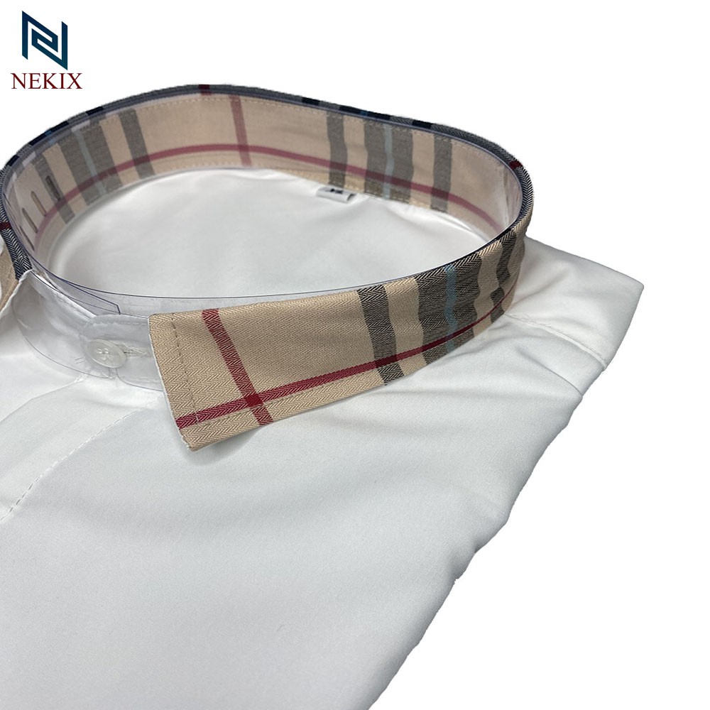 Áo Sơ Mi Nam Dài Tay Trắng Phối Kẻ Cổ Kẻ Tay Kẻ Túi Vải Lụa Trơn Form Body