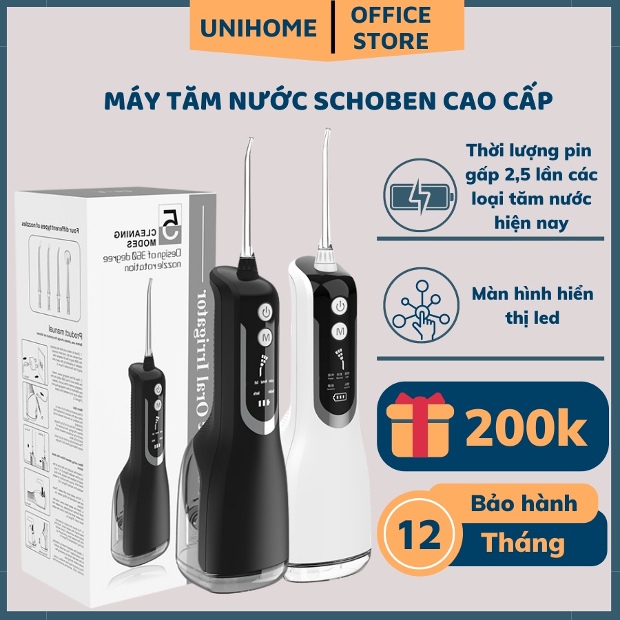 Máy tăm nước, máy tăm nước cầm tay Schoben, có màn hình led 5 chế độ giúp làm sạch sâu răng miệng - Bảo hành 12 tháng