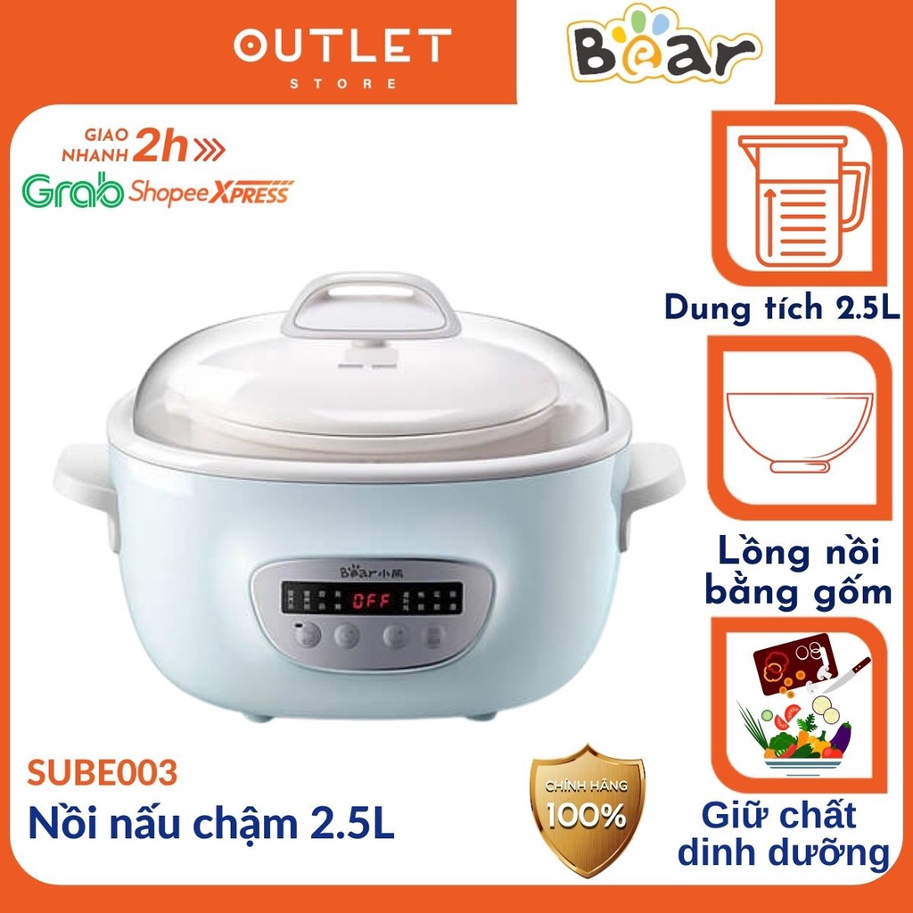 Nồi nấu chậm 2.5L Bear SUBE003, nấu cháo, đồ ăn dặm an toàn tiện dụng cho trẻ em